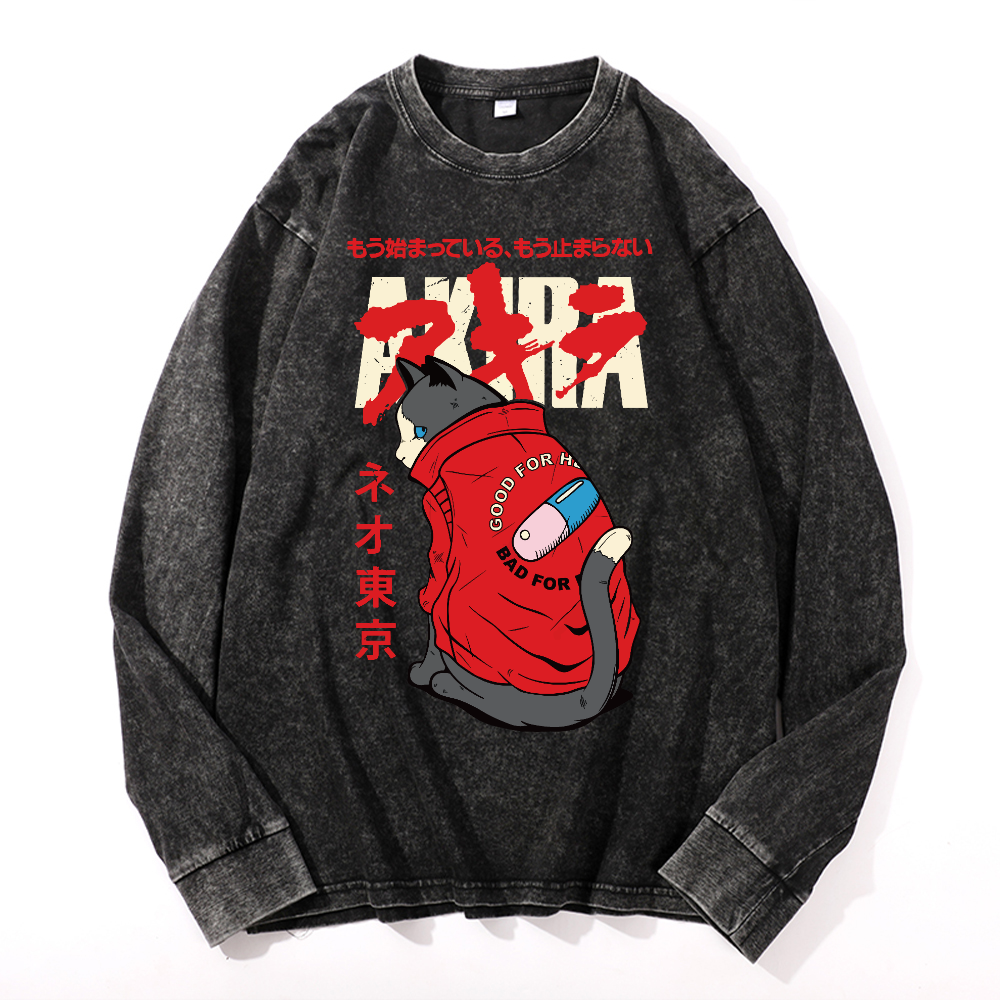 Akira Cat Vintage Cotton Wash Crewneck Sweatshirt