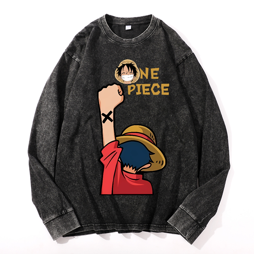 OP Luffy Vintage Cotton Wash Crewneck Sweatshirt