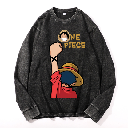 OP Luffy Vintage Cotton Wash Crewneck Sweatshirt