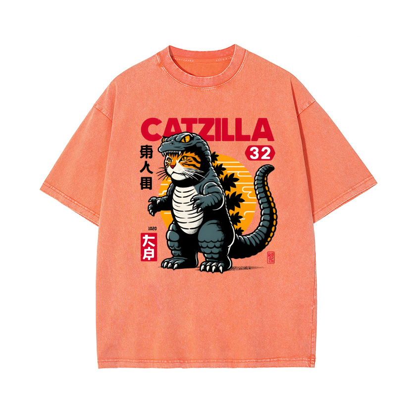 Godzilla Cat Vintage Wash Japanese Design T-Shirt