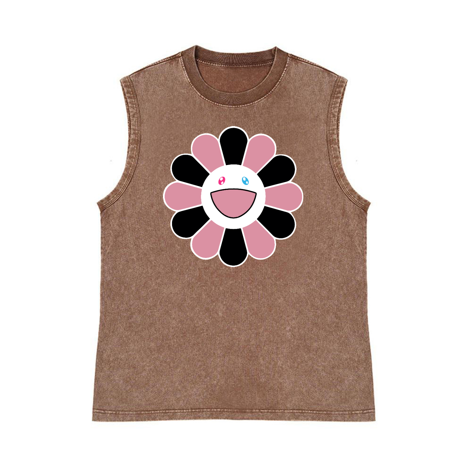 Black Pink Sunflowers TM Pure Cotton Wash-Dyed Sleeveless Tank Top