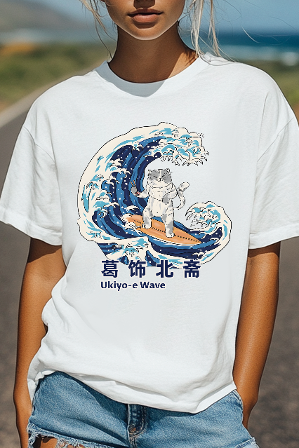 Katsushika Hokusai Ukiyoe Wave Cat Japanese Style Women's Classic Tee