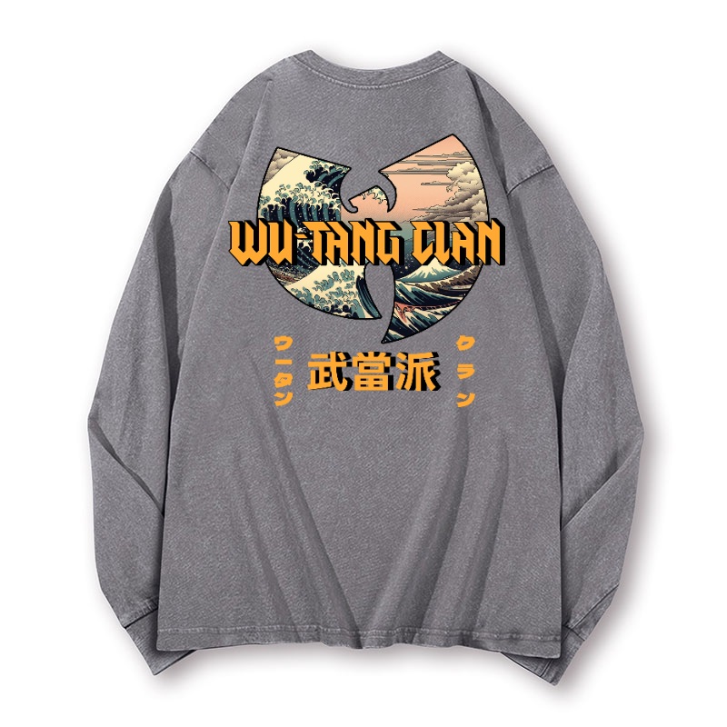 Wu Tang Clan Ukiyoe Wave Vintage Washed Cotton Back Art Long-sleeve T-shirt