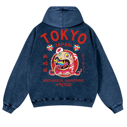 TM Sunflower Octopus Tokyo Japan Vintage Washed Cotton Back Art Hoodie