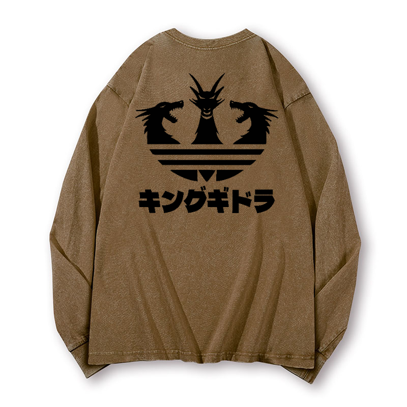 King Ghidorah Kaiju Vintage Washed Cotton Back Art Long-sleeve T-shirt