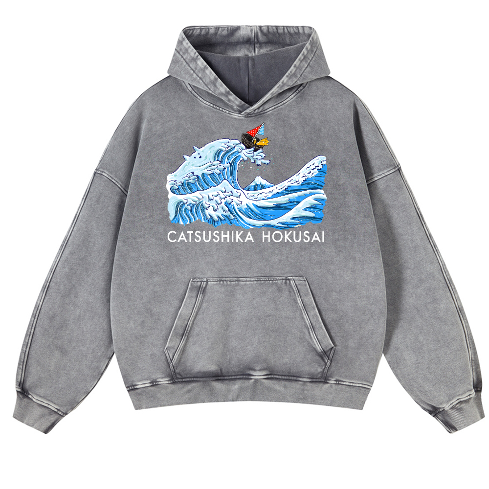 Katsushika Hokusai Cat Vintage Washed Thick Cotton Hoodie