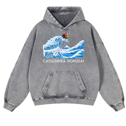Katsushika Hokusai Cat Vintage Washed Thick Cotton Hoodie