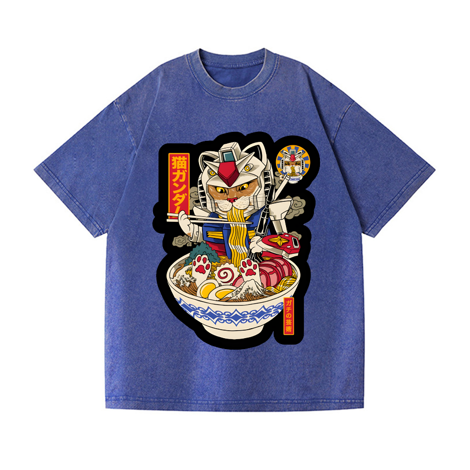 Gundam Cat Ramen Vintage Wash Japanese Design T-Shirt