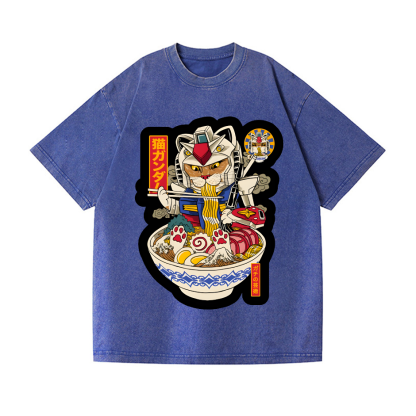 Gundam Cat Ramen Vintage Wash Japanese Design T-Shirt