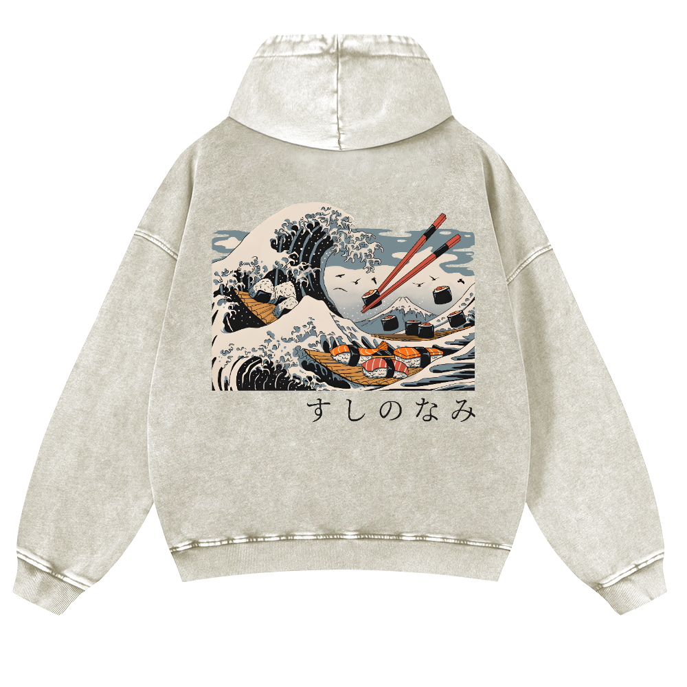 Sushi Kanagawa Katsushika Hokusai Wave Ukiyoe Vintage Washed Cotton Back Art Hoodie