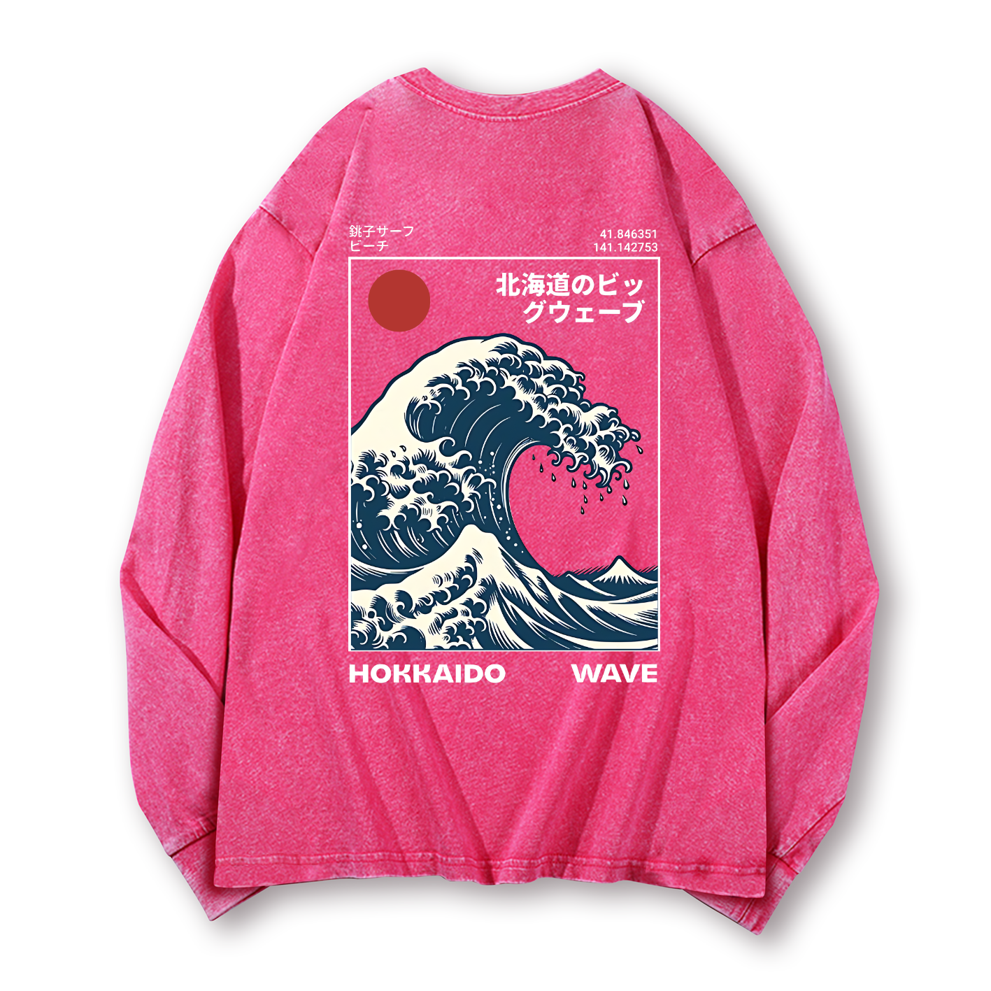 Katsushika Hokusai Wave Ukiyoe Vintage Washed Cotton Back Art Long-sleeve T-shirt