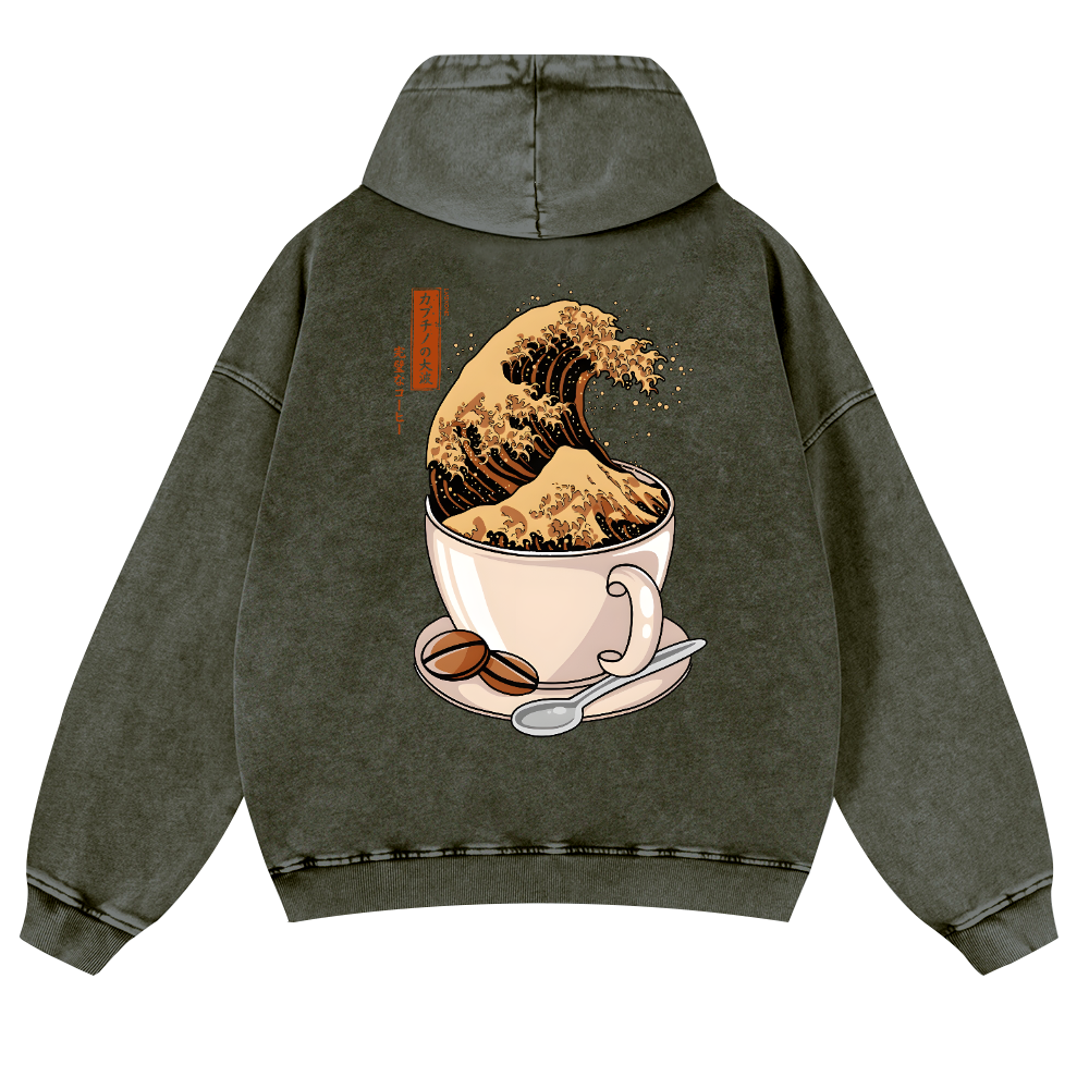 Katsushika Hokusai Coffee Wave Vintage Washed Cotton Back Art Hoodie