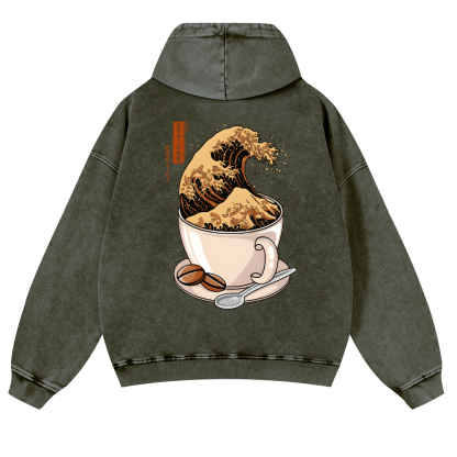 Katsushika Hokusai Coffee Wave Vintage Washed Cotton Back Art Hoodie