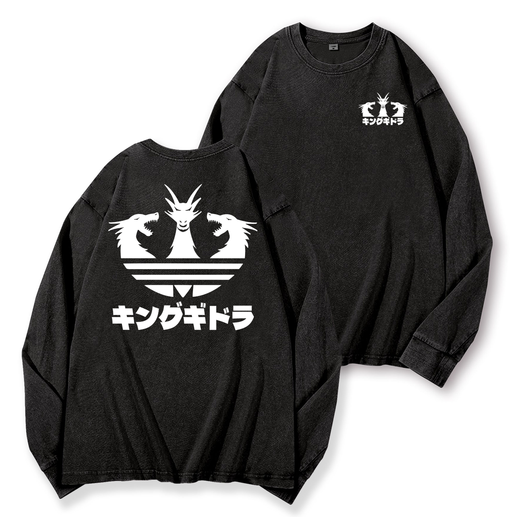 King Ghidorah Kaiju Vintage Washed Cotton Back Art Long-sleeve T-shirt