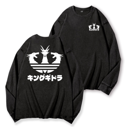 King Ghidorah Kaiju Vintage Washed Cotton Back Art Long-sleeve T-shirt
