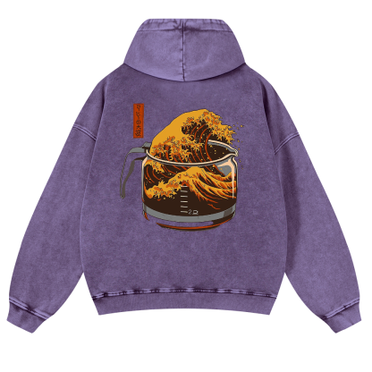 Katsushika Hokusai Coffee Wave Ukiyoe Vintage Washed Cotton Back Art Hoodie