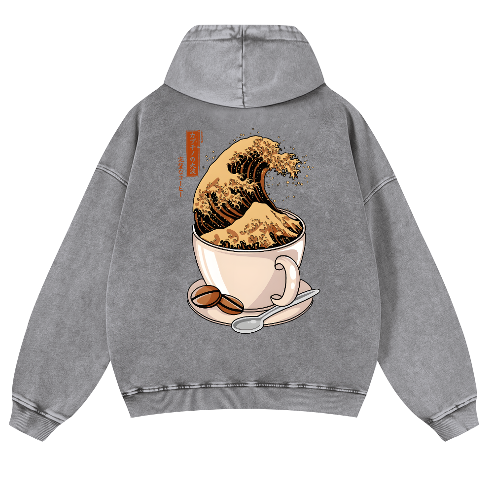 Katsushika Hokusai Coffee Wave Vintage Washed Cotton Back Art Hoodie