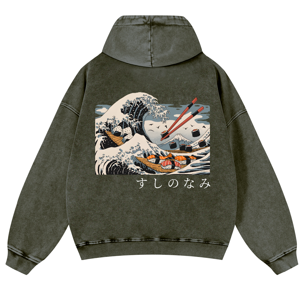 Sushi Kanagawa Katsushika Hokusai Wave Ukiyoe Vintage Washed Cotton Back Art Hoodie