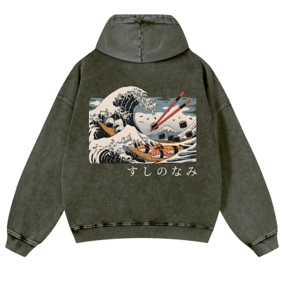 Sushi Kanagawa Katsushika Hokusai Wave Ukiyoe Vintage Washed Cotton Back Art Hoodie