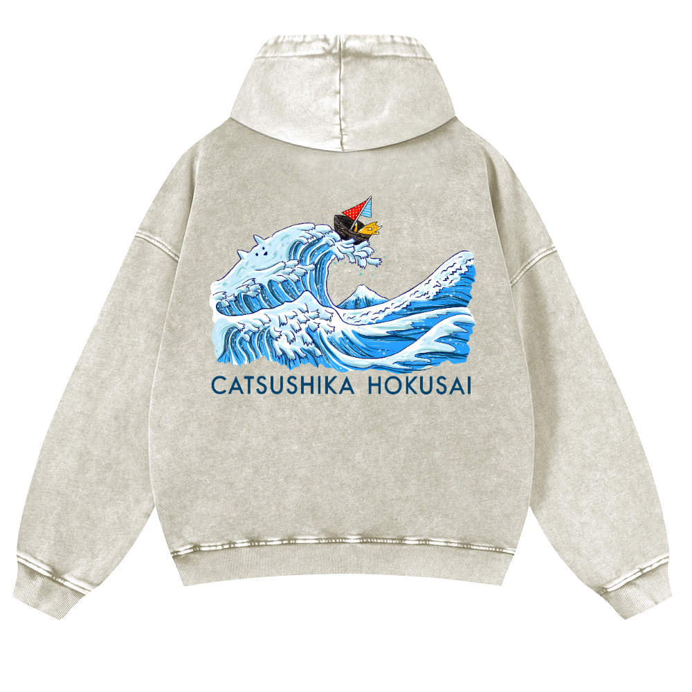 Katsushika Hokusai Cat Wave Vintage Washed Cotton Back Art Hoodie