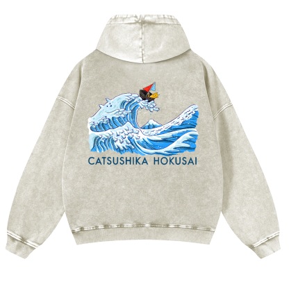Katsushika Hokusai Cat Wave Vintage Washed Cotton Back Art Hoodie