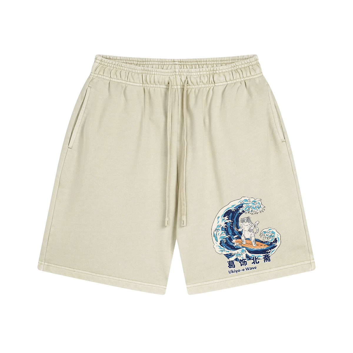 Katsushika Hokusai Wave Cat Vintage Washed Cotton Shorts