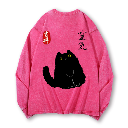Lucky Cat Black Cat Art Vintage Washed Cotton Back Art Long-sleeve T-shirt
