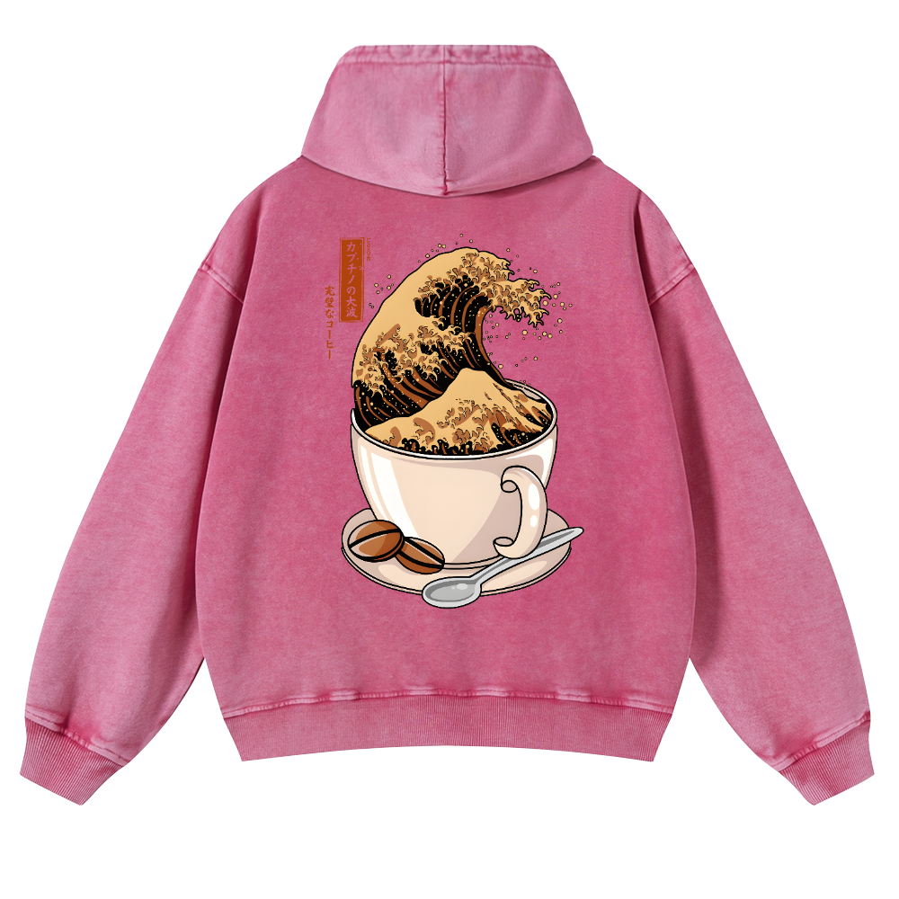 Katsushika Hokusai Coffee Wave Vintage Washed Cotton Back Art Hoodie