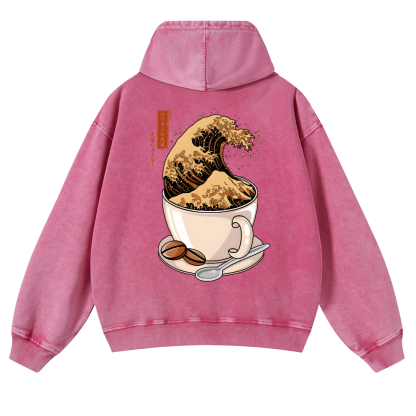 Katsushika Hokusai Coffee Wave Vintage Washed Cotton Back Art Hoodie