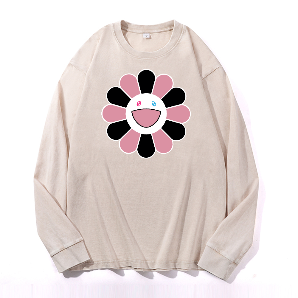 Black Pink Sunflowers TM Vintage Cotton Wash Long-sleeve T-shirt
