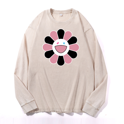 Black Pink Sunflowers TM Vintage Cotton Wash Long-sleeve T-shirt