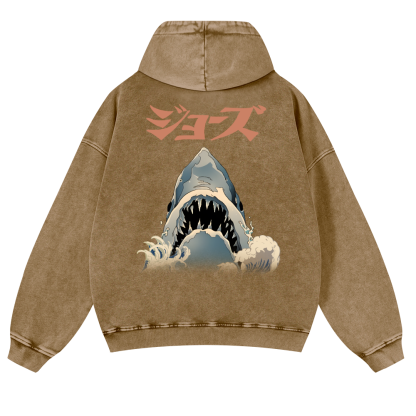 Jaws Ukiyoe Vintage Washed Cotton Back Art Hoodie