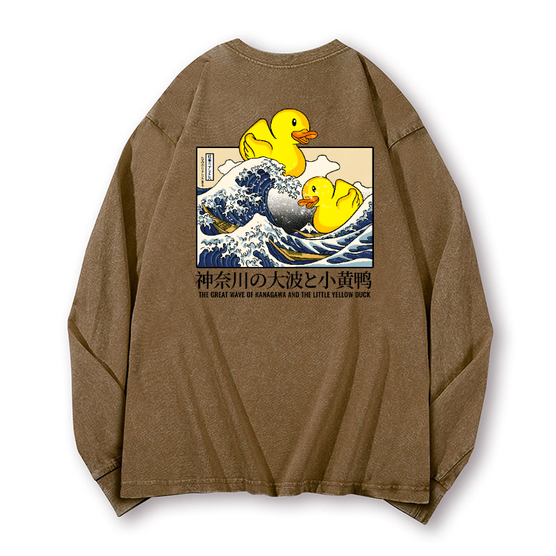 Great Wave Kanagawa Katsushika Hokusai Duck Vintage Washed Cotton Back Art Long-sleeve T-shirt