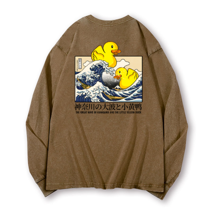 Great Wave Kanagawa Katsushika Hokusai Duck Vintage Washed Cotton Back Art Long-sleeve T-shirt