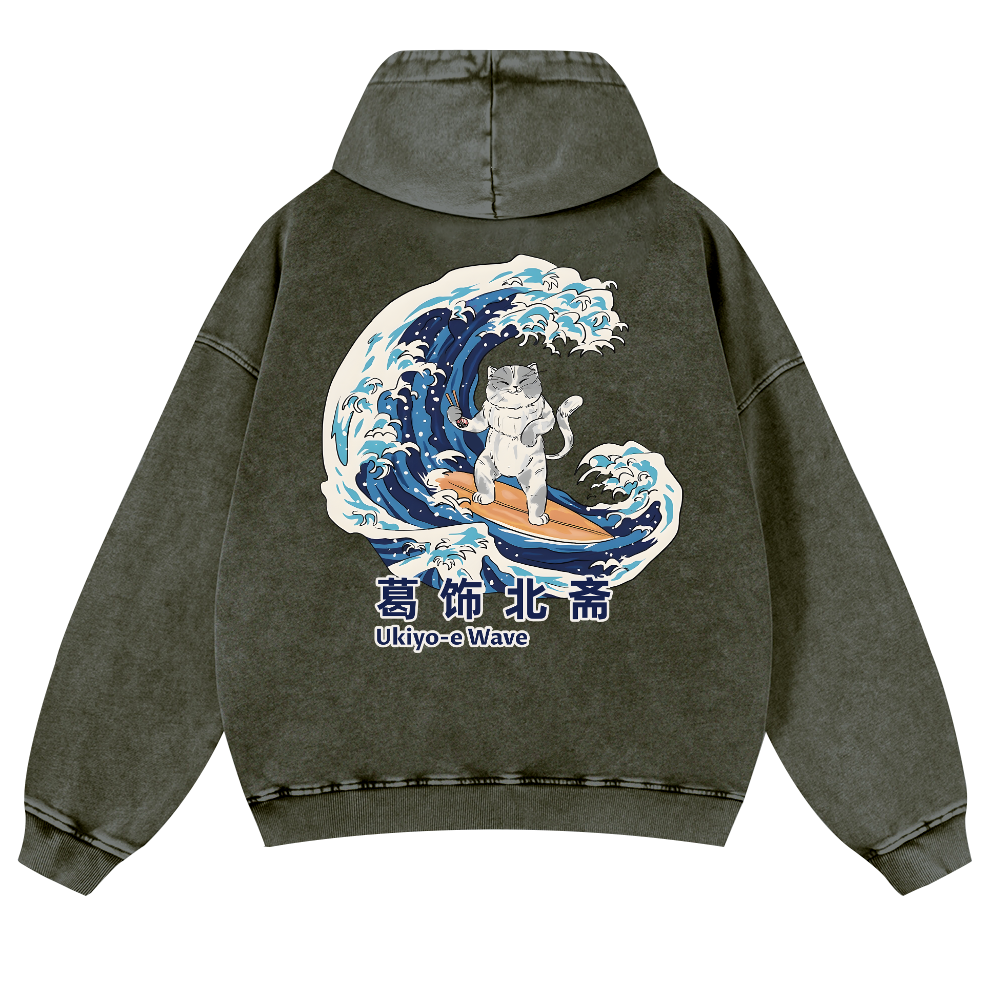 Katsushika Hokusai Ukiyoe Wave Cat Vintage Washed Cotton Back Art Hoodie