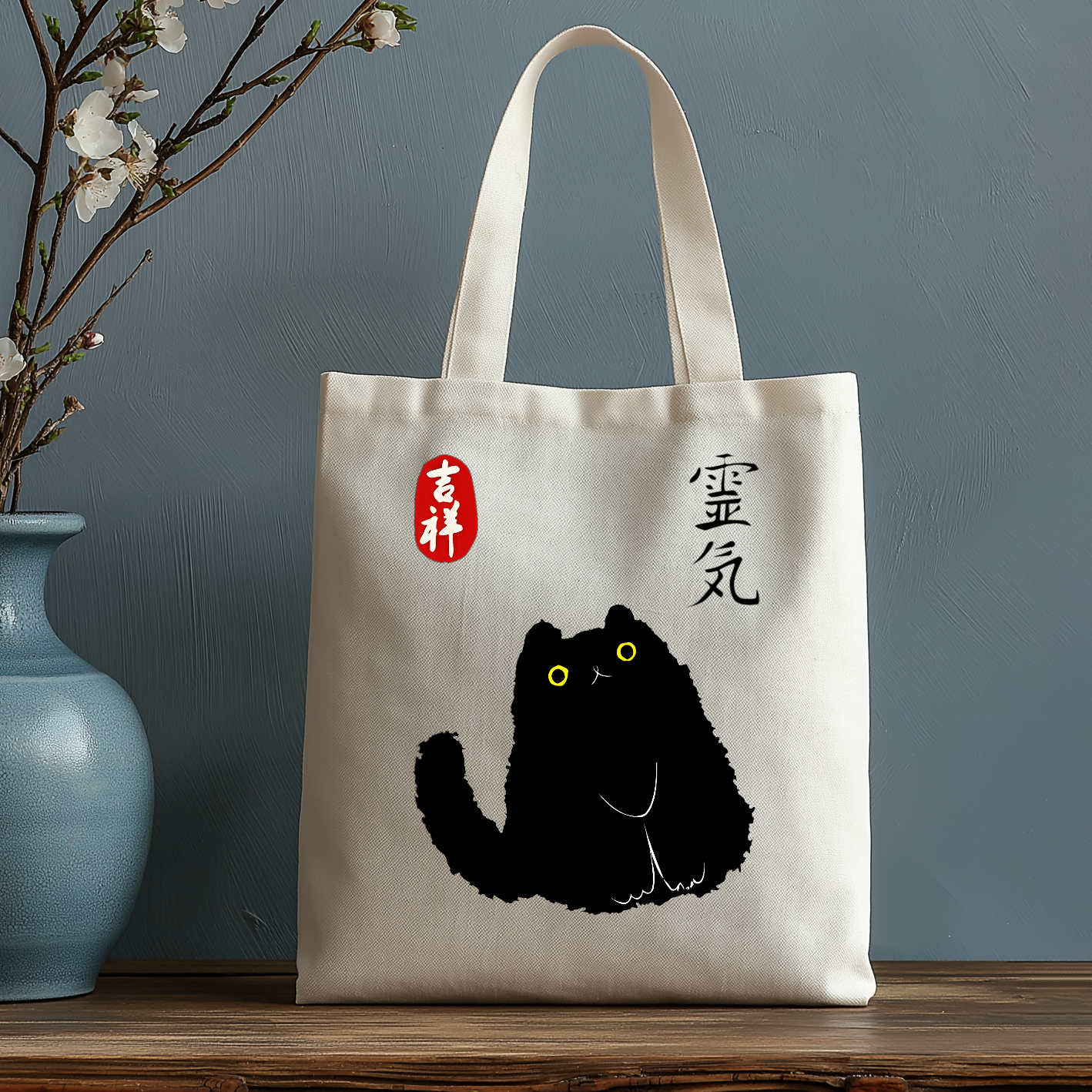 Lucky Cat Black Art Japanese Style Canvas Tote Bag