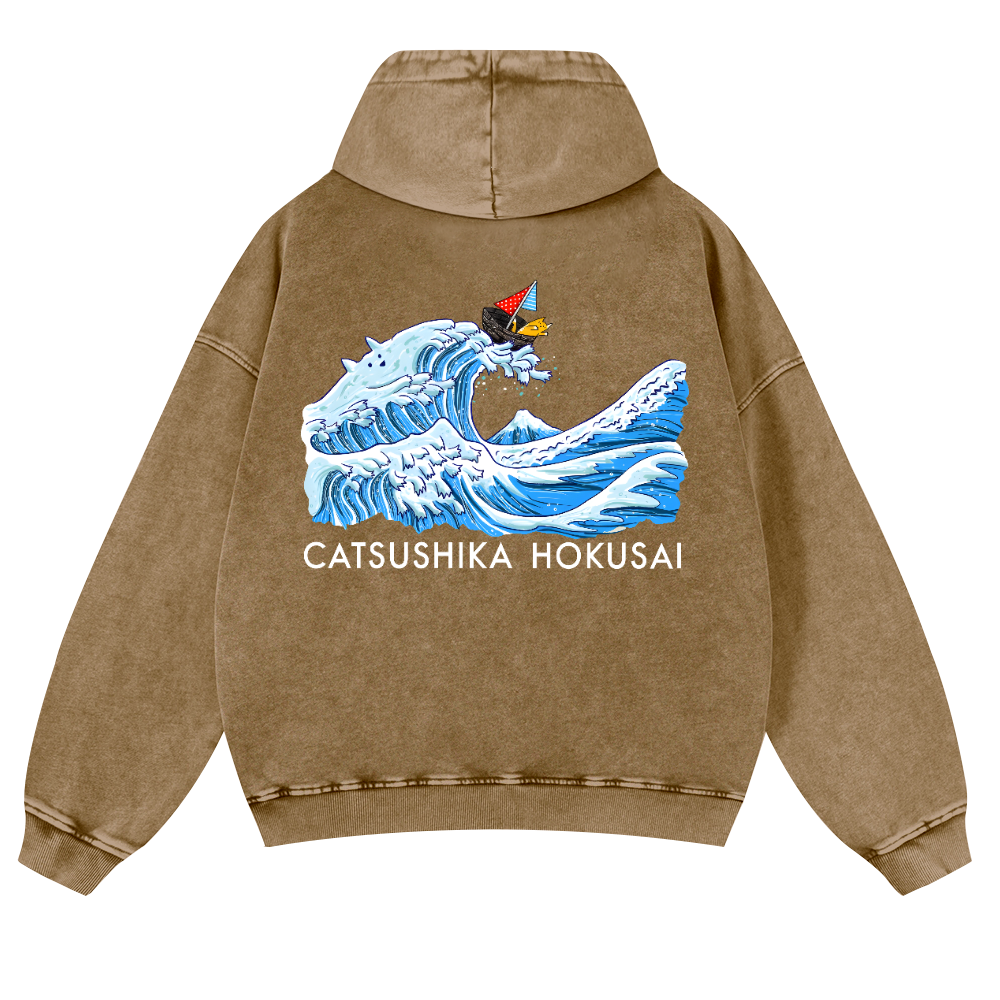 Katsushika Hokusai Cat Wave Vintage Washed Cotton Back Art Hoodie