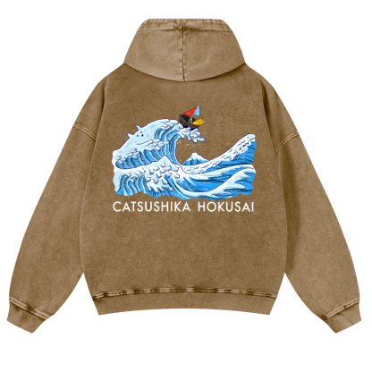 Katsushika Hokusai Cat Wave Vintage Washed Cotton Back Art Hoodie