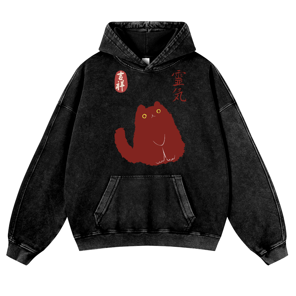 Black Cat Art Vintage Washed Thick Cotton Hoodie