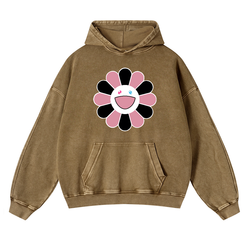Black Pink Sunflowers TM Vintage Washed Thick Cotton Hoodie