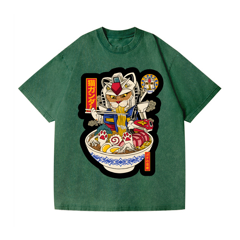 Gundam Cat Ramen Vintage Wash Japanese Design T-Shirt