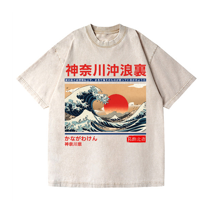 Kanagawa Katsushika Hokusai Ukiyoe Great Wave Vintage Wash Japanese Design T-Shirt