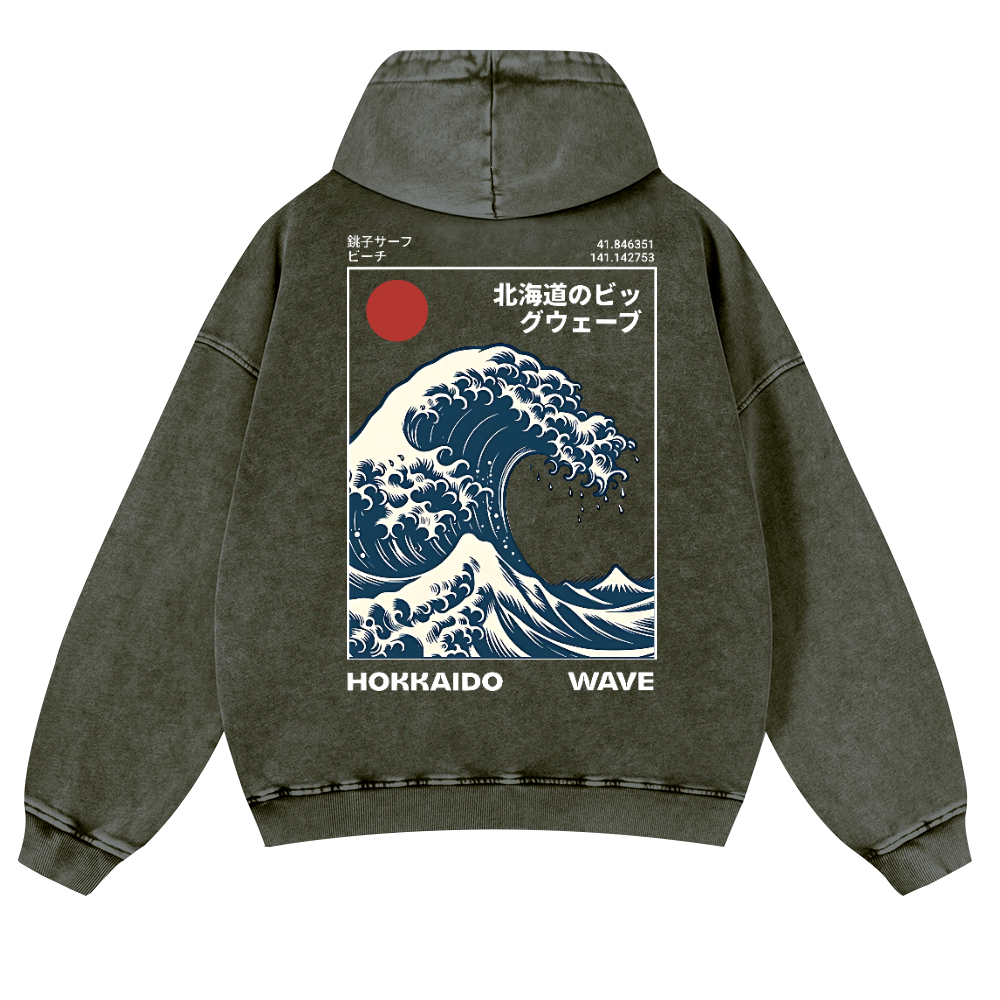 Katsushika Hokusai Hokkaido Wave Ukiyoe Vintage Washed Cotton Back Art Hoodie