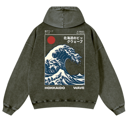 Katsushika Hokusai Hokkaido Wave Ukiyoe Vintage Washed Cotton Back Art Hoodie