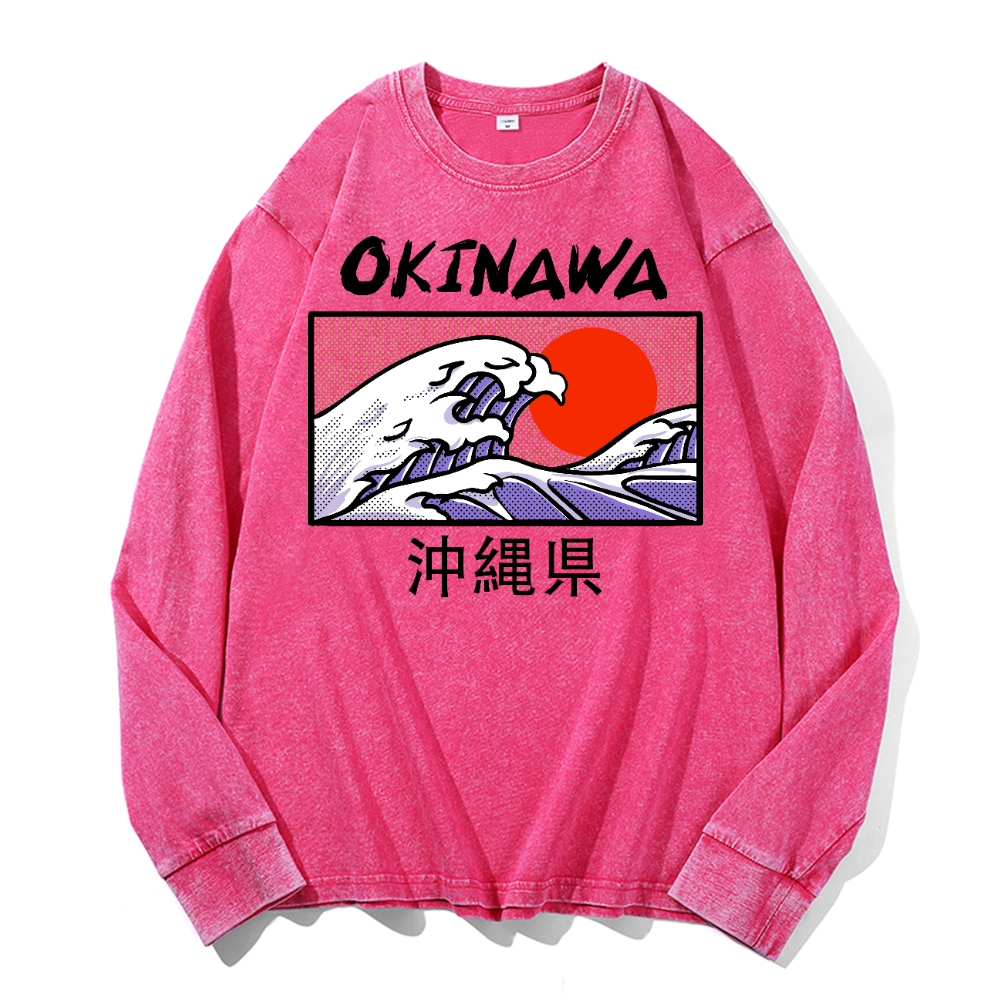 Okinawa Katsushika Hokusai Vintage Cotton Wash Crewneck Sweatshirt