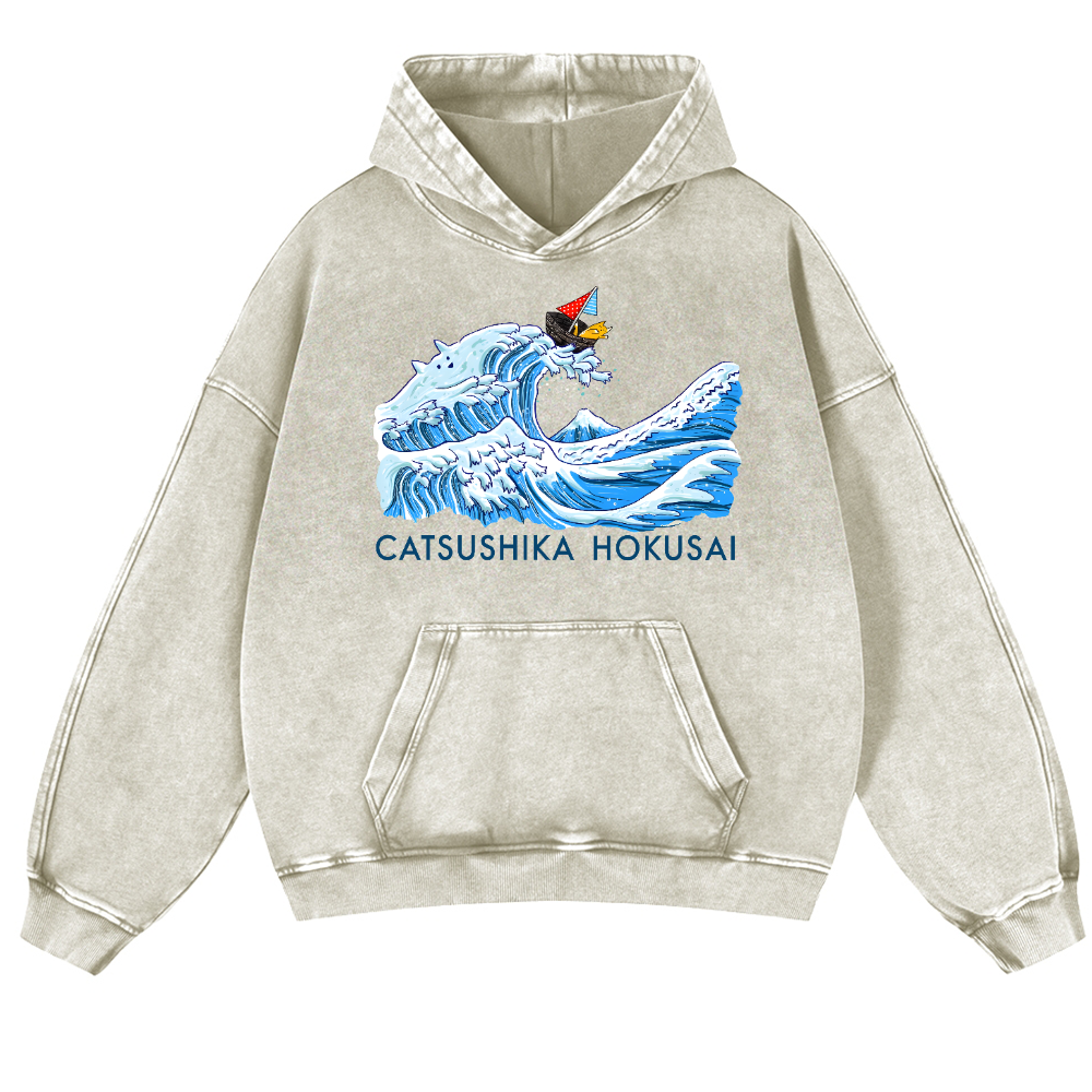 Katsushika Hokusai Cat Vintage Washed Thick Cotton Hoodie