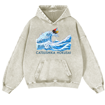 Katsushika Hokusai Cat Vintage Washed Thick Cotton Hoodie