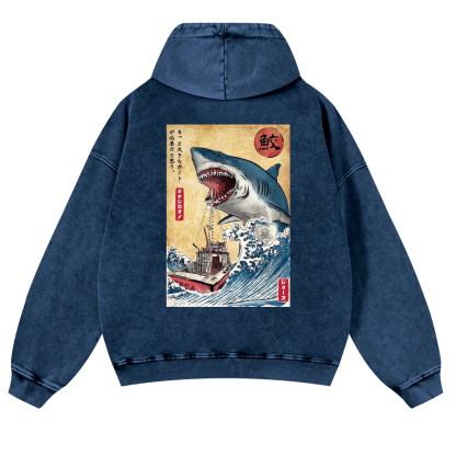 Jaws Ukiyoe Vintage Washed Cotton Back Art Hoodie