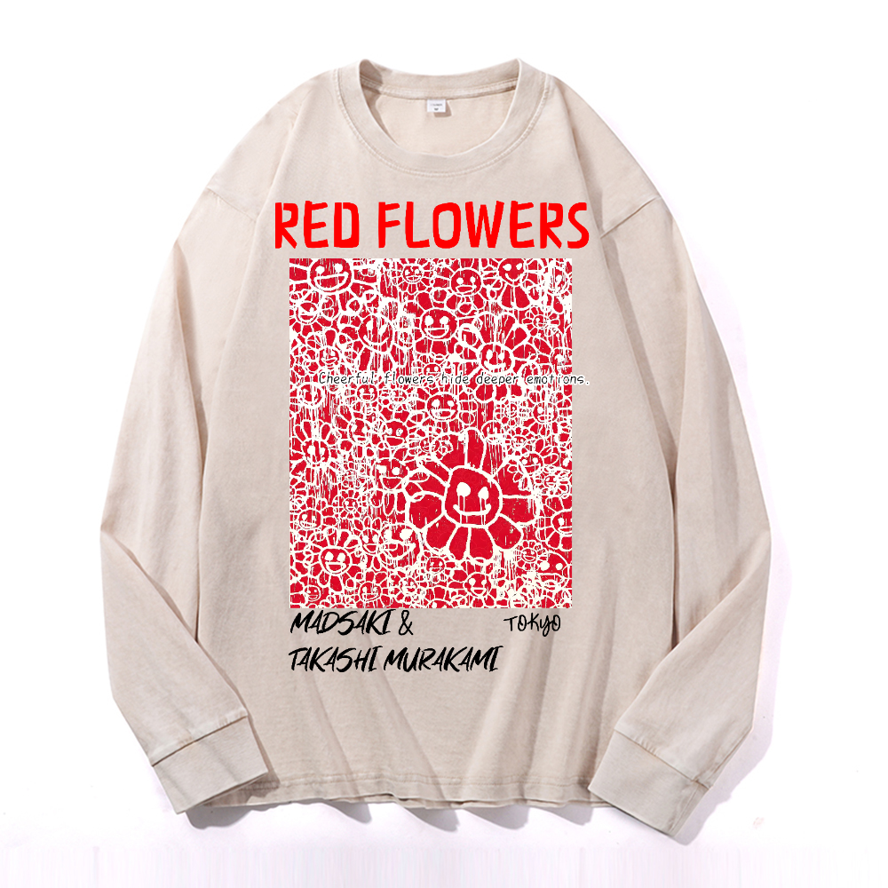 Madsaki Red Flowers TM Vintage Cotton Wash Crewneck Sweatshirt