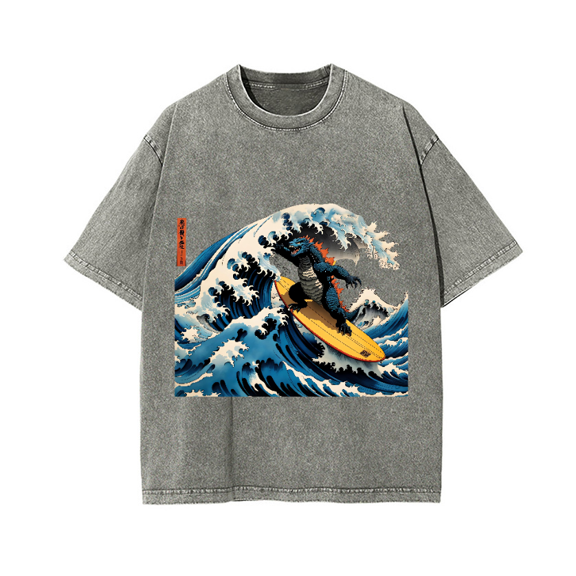 Godzilla Wave Ukiyoe Vintage Wash Japanese Design T-Shirt